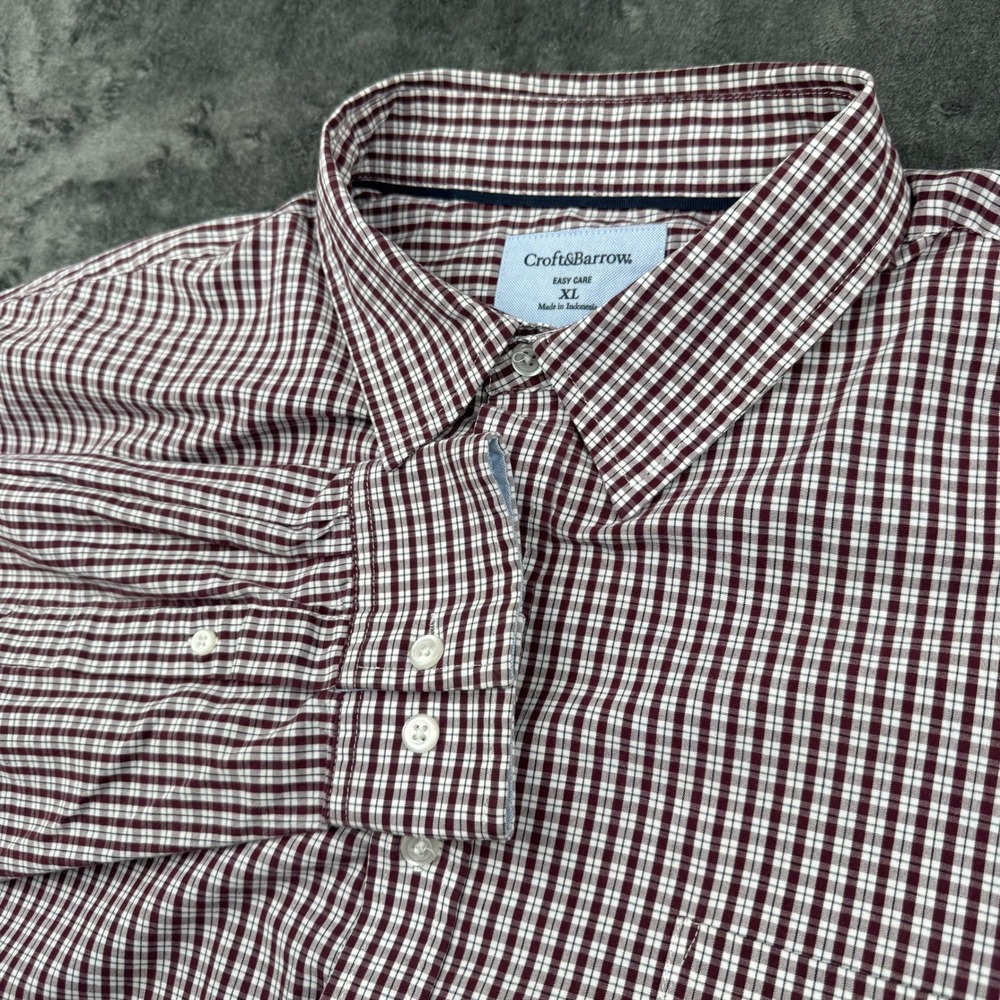 Croft & Barrow Mens Easy Care Button Down XL Burgundy White Check Long Sleeve